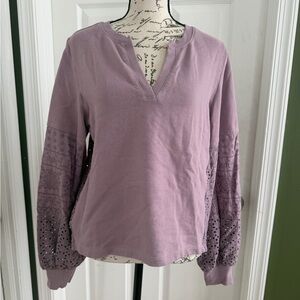 Anthropologie Mauve Lace-Sleeve V-Notch Pullover